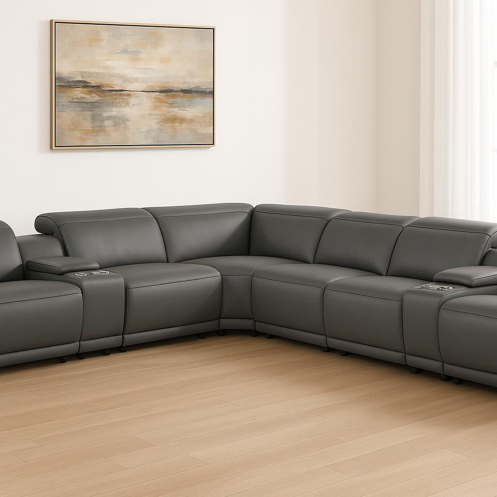 Gray Italian Leather Modular L Shaped Eight Piece Corner Sectional With Console-0