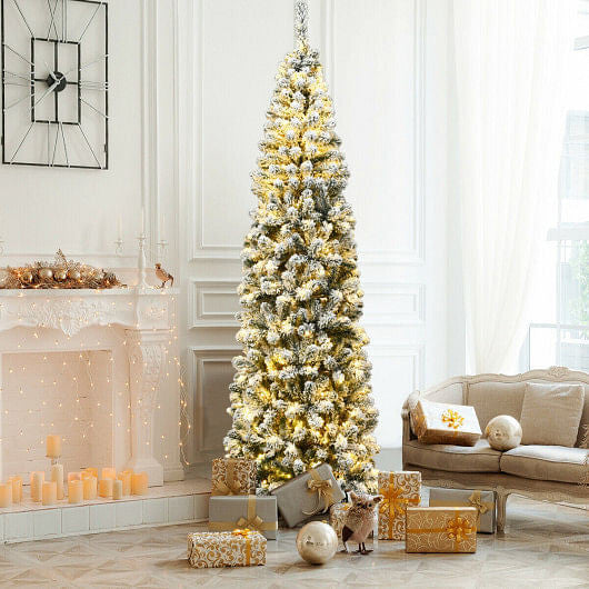 7.5 Feet Pre-lit Snow Flocked Artificial Pencil Christmas Tree with LED Lights-1