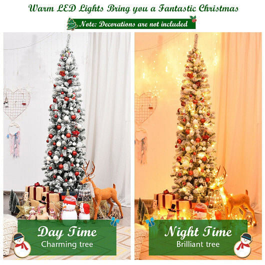7.5 Feet Pre-lit Snow Flocked Artificial Pencil Christmas Tree with LED Lights-3
