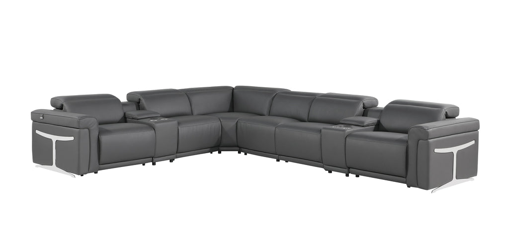 Gray Italian Leather Modular L Shaped Eight Piece Corner Sectional With Console-1