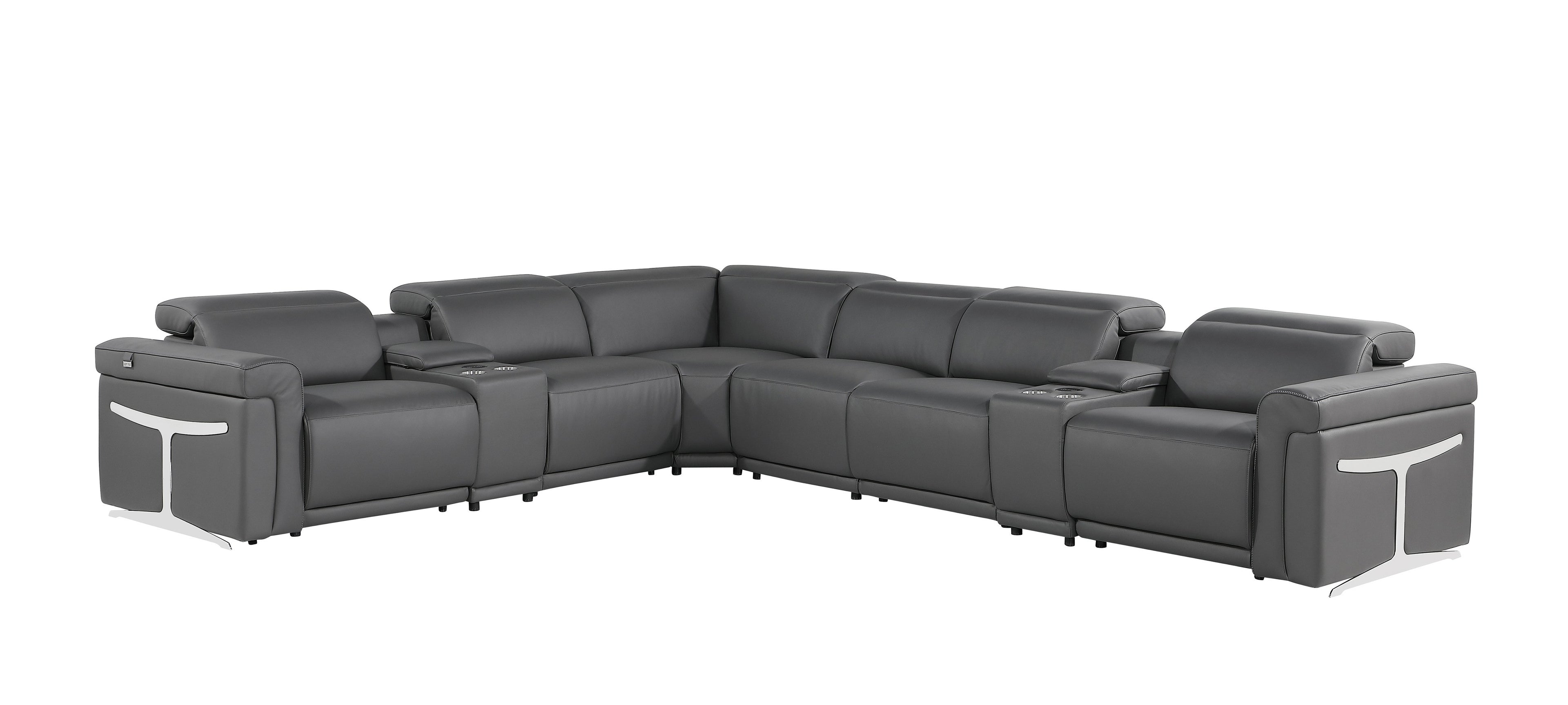 Gray Italian Leather Modular L Shaped Eight Piece Corner Sectional With Console-1