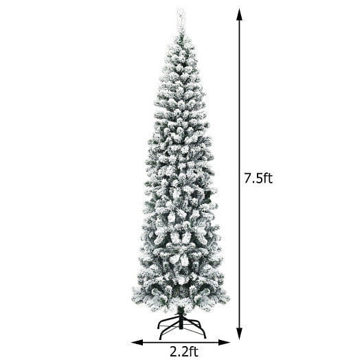 7.5 Feet Pre-lit Snow Flocked Artificial Pencil Christmas Tree with LED Lights-4