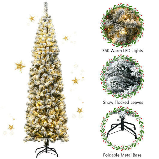7.5 Feet Pre-lit Snow Flocked Artificial Pencil Christmas Tree with LED Lights-2