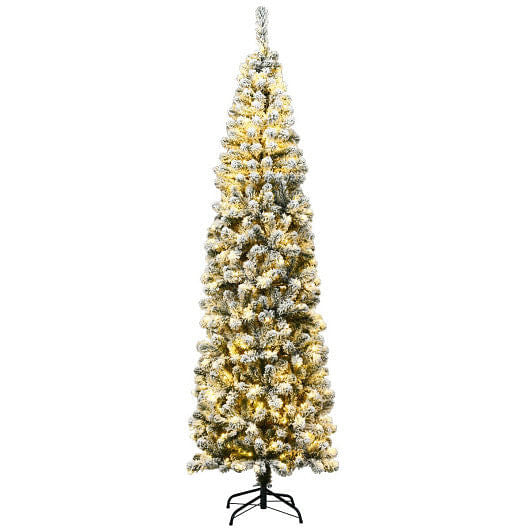 7.5 Feet Pre-lit Snow Flocked Artificial Pencil Christmas Tree with LED Lights-0