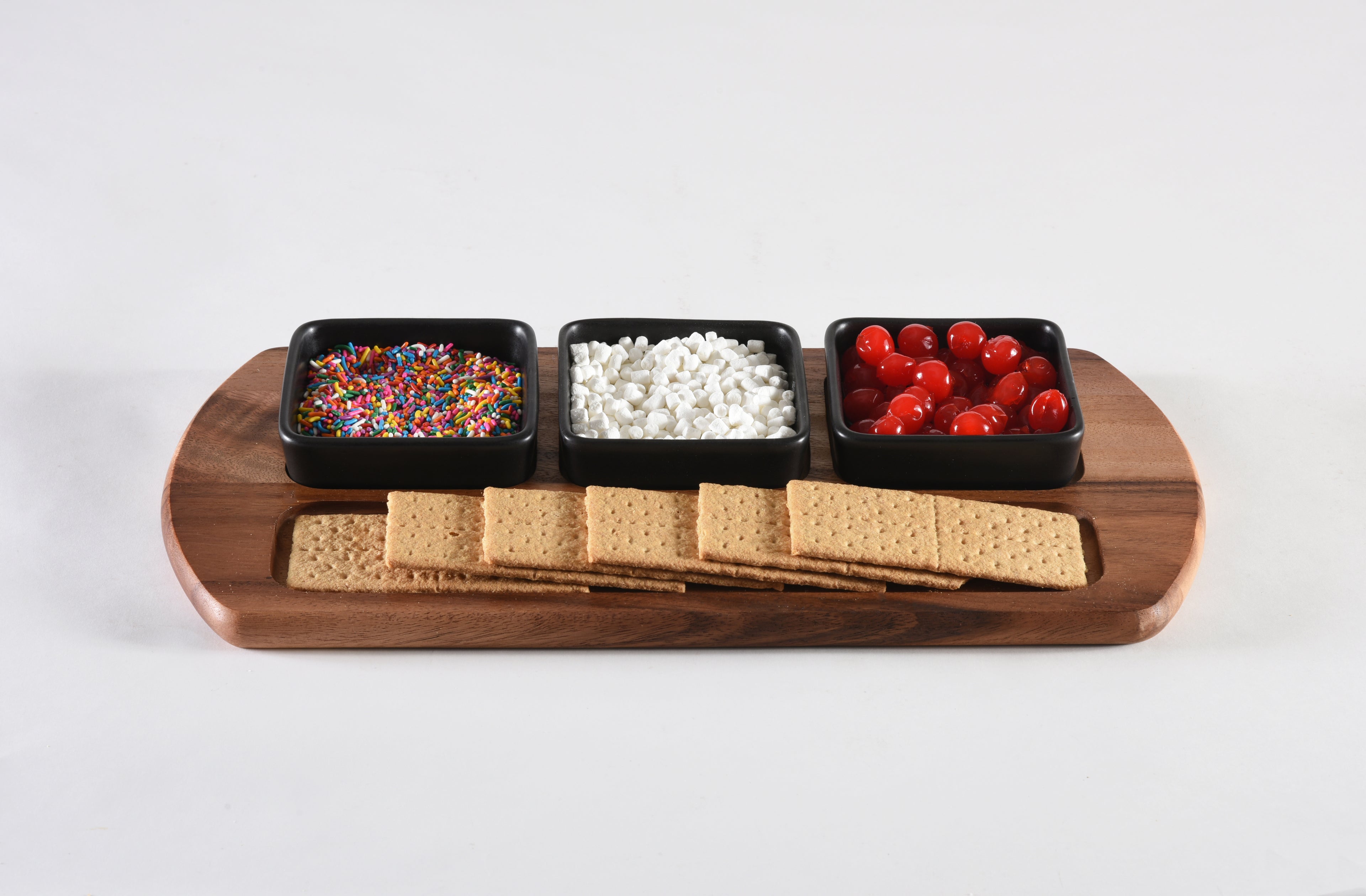 Charcuterie/ Serving Tray w/ 3 black square ceramic bowls
